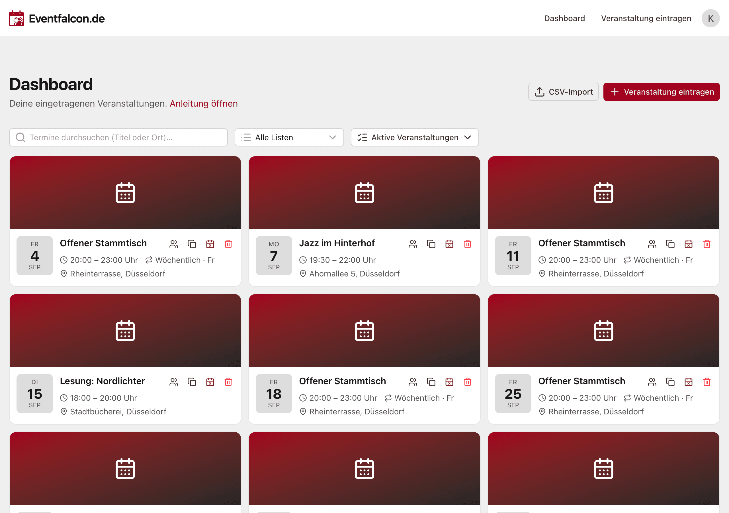 Das Dashboard mit den eingetragenen Terminen